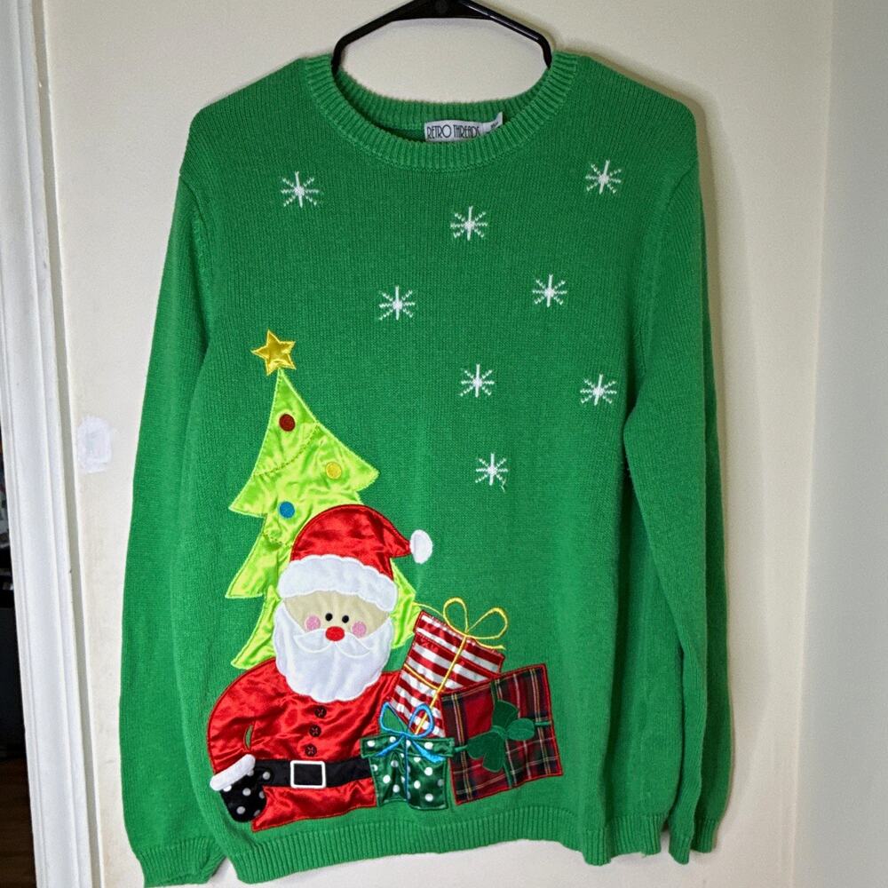 Retro Threads Women’s XL Green Christmas Santa Applique Knit Crewneck Sweater